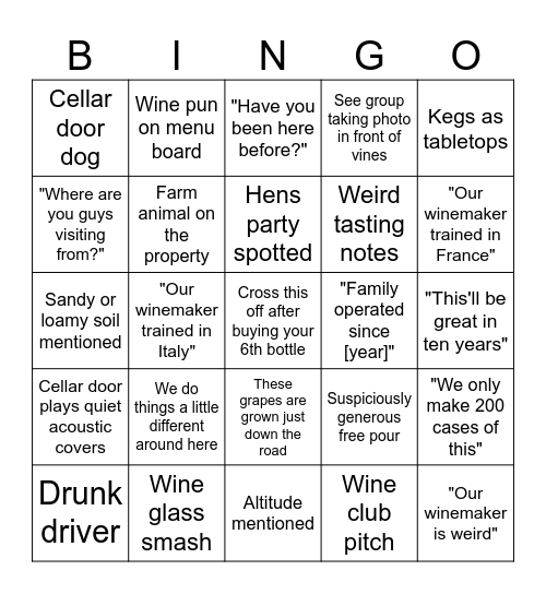 WINE TOUR BINGO Card