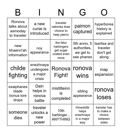 genshin livestream bingo Card