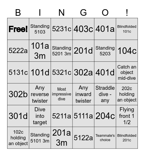 Diving Bingo Card