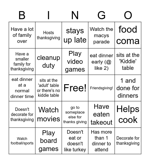 Thanksgiving bingo!!!!1 Bingo Card