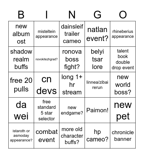 7.1 livestream Bingo Card