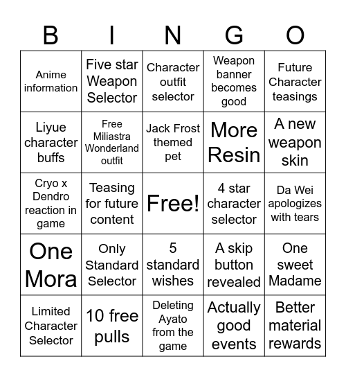Genshin Anniversary Livestream Bingo Card