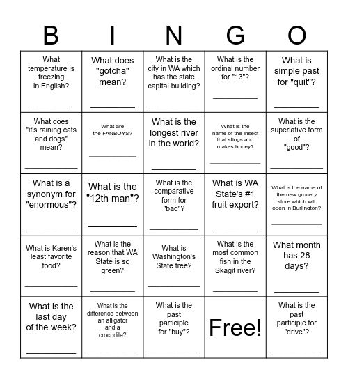 WHADAYAKNOW? LEVEL 4 Bingo Card