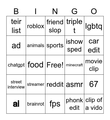 youtube shorts bingo Card