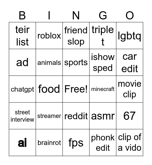 youtube shorts bingo Card