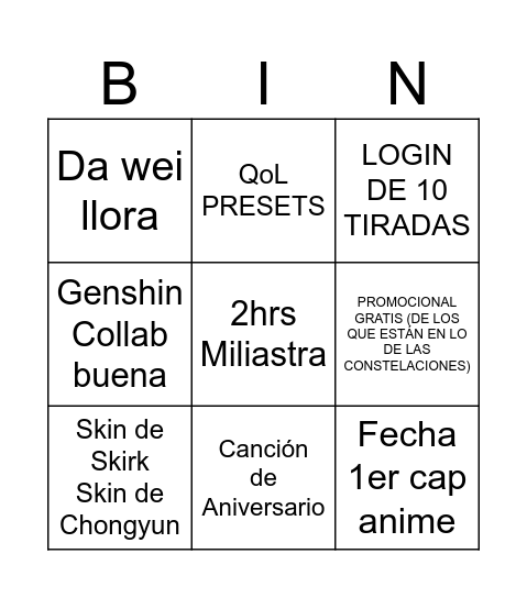 Livestream 7.1 Bingo Card