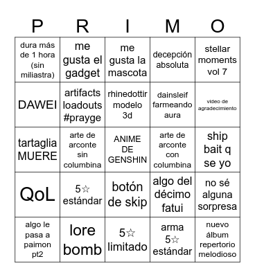 GENSHIN 7.1 LIVESTREAM Bingo Card
