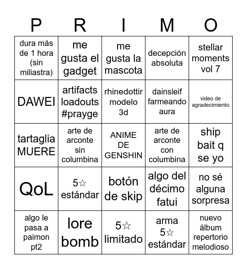 GENSHIN 7.1 LIVESTREAM Bingo Card