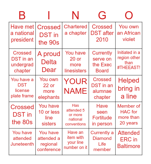 HAC DST Sisterhood Bingo Card