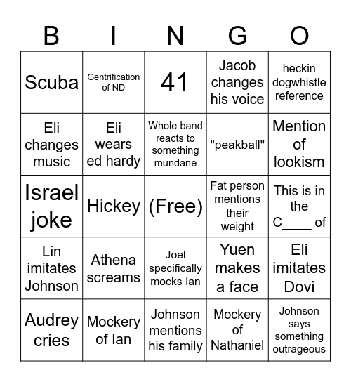 NT Ba(nd) Bingo Card