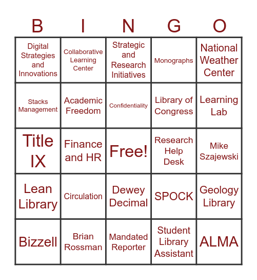 SPLAT! Bingo Card