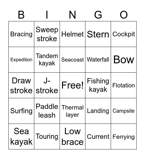 Kayak Bingo Card