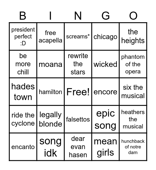 kaelix musical karaoke 09/12 Bingo Card