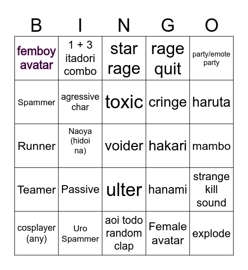 shenanigans Bingo Card