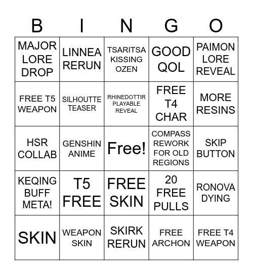 GENSHIN 7.1 LIVESTREAM Bingo Card