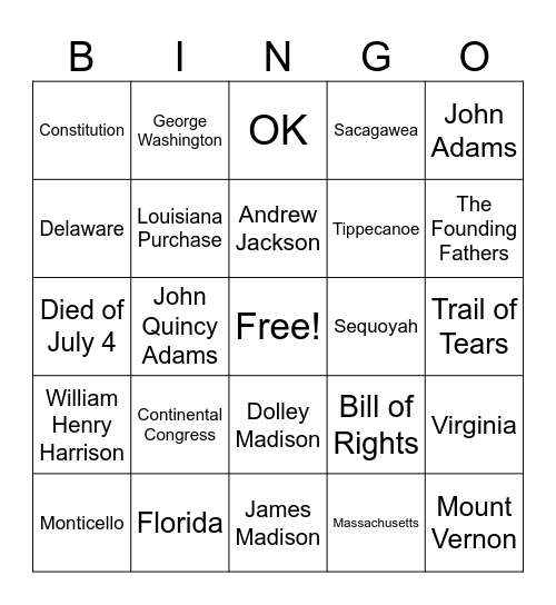 President 1-9 Bingo Card