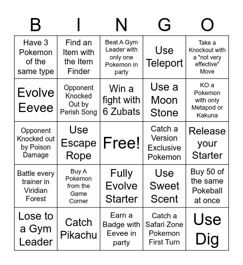 Pokemon Firered Bingo Card