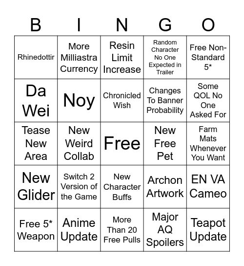 Genshin 7.1 Bingo Card
