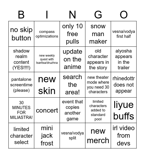 genshin 7.1 livestream Bingo Card