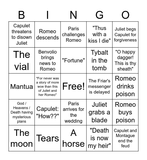 Romeo and Juliet 2013 (second half) Bingo Card