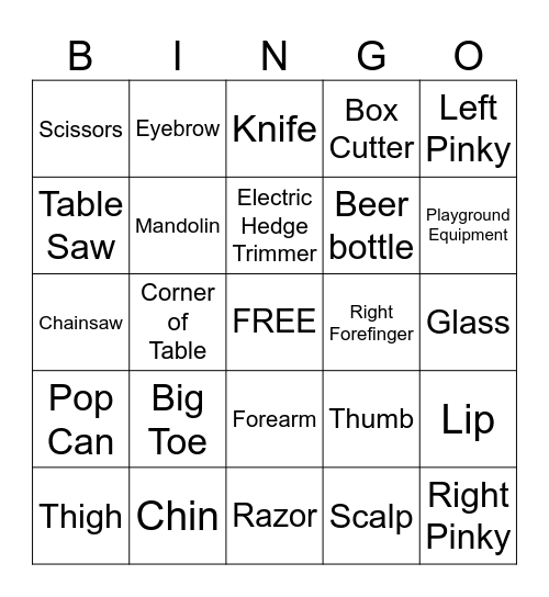 Laceration Bingo Card