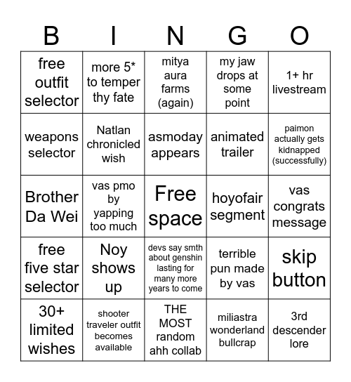 genshin livestream 7.1 Bingo Card
