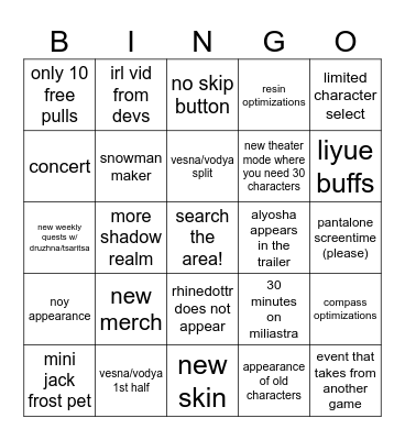 genshin 7.1 livestream Bingo Card