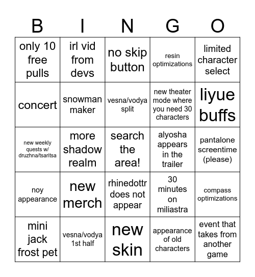 genshin 7.1 livestream Bingo Card