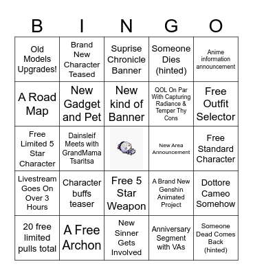 Genshin Anniversary Bingo Card
