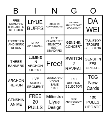 GENSHIN 7.1 BINGO CARD Bingo Card