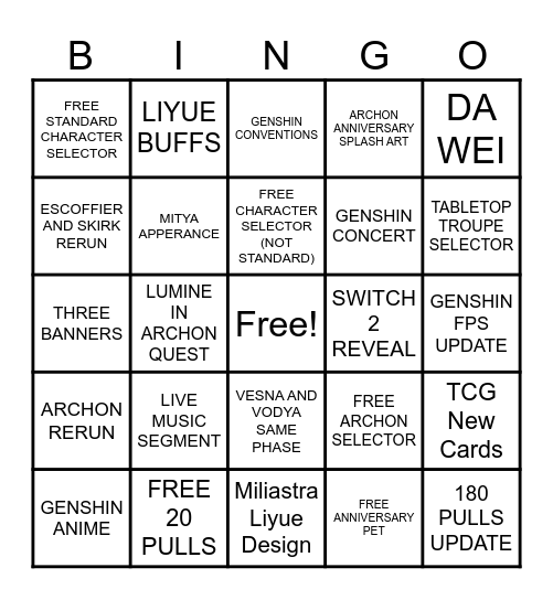 GENSHIN 7.1 BINGO CARD Bingo Card