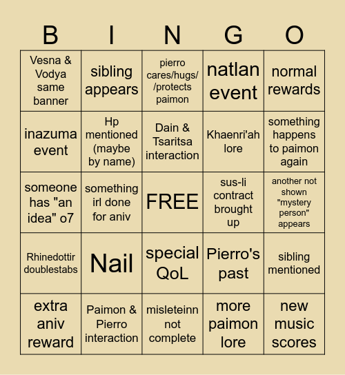 7.1 bingo Card