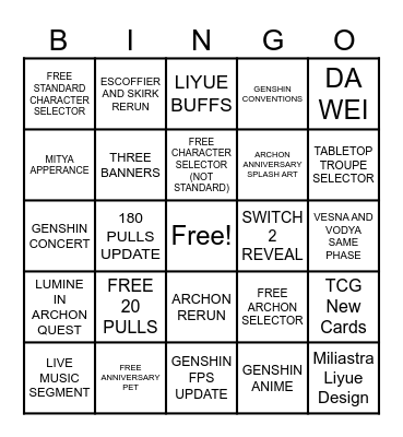 GENSHIN 7.1 BINGO CARD Bingo Card