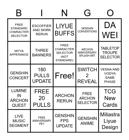GENSHIN 7.1 BINGO CARD Bingo Card