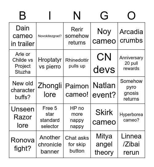 Genshin 7.1 Bingo Card