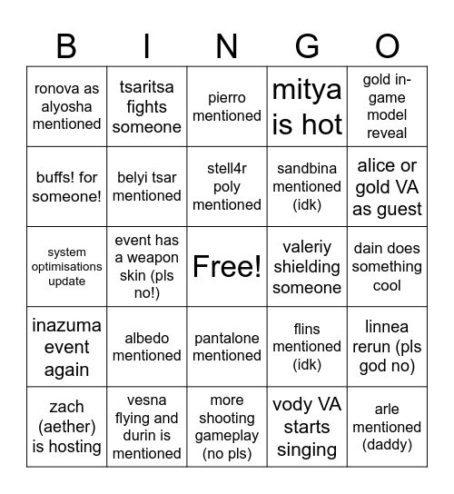 Genshin 7.1 Livestream Bingo Card