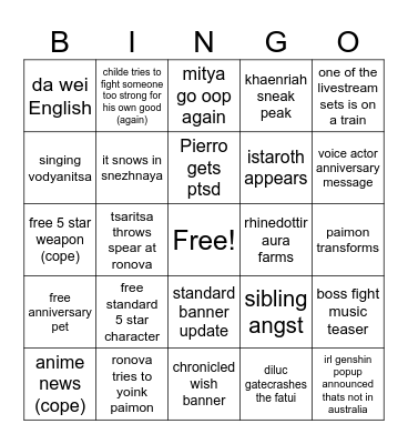 snezh anni livestream day! Bingo Card