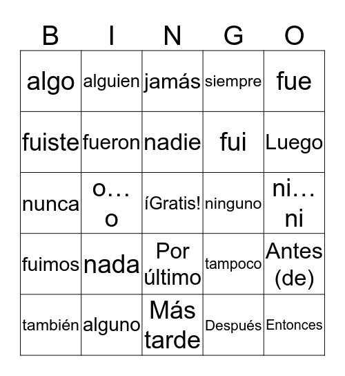 Palabras de transición y palabras definidas y negativas 4 Bingo Card