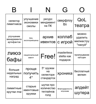 Геншин 7.1 лайвстрим бинго Bingo Card