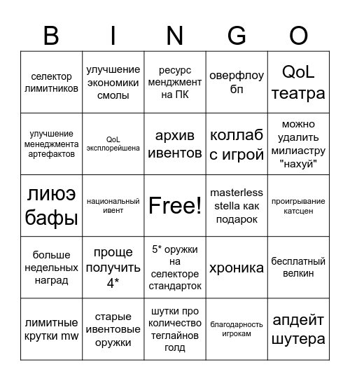 Геншин 7.1 лайвстрим бинго Bingo Card
