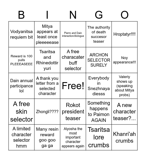 genshin special program Bingo Card