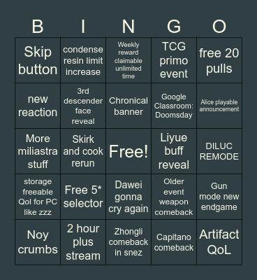 GODSHIN IMPACT Anniversary Bingo Card