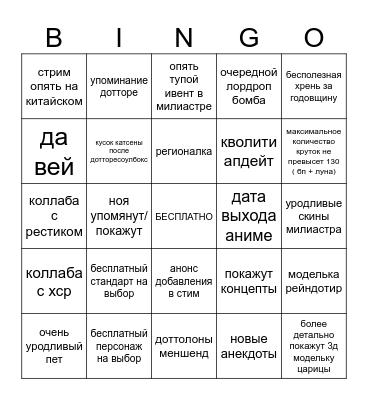 копиум геншин стрим бинго Bingo Card