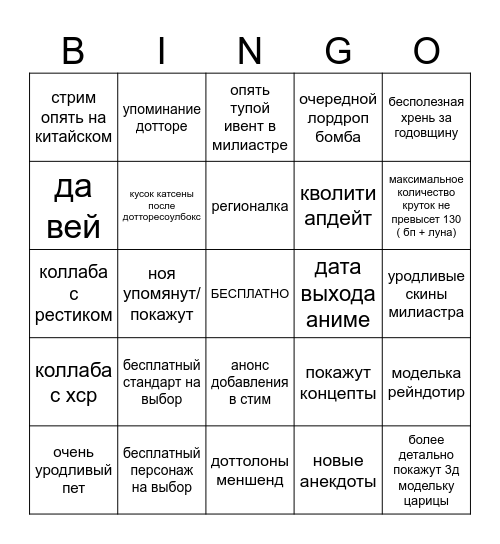 копиум геншин стрим бинго Bingo Card
