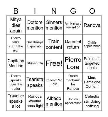 Genshin Impact 7.1 Livestream Bingo Card
