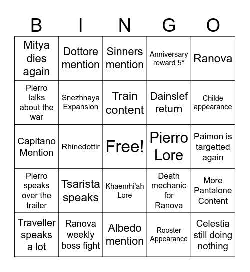 Genshin Impact 7.1 Livestream Bingo Card