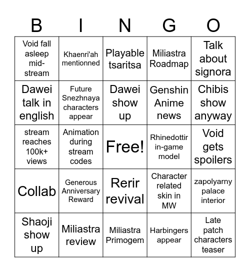 Genshin 7.1 Livestream Bingo Card