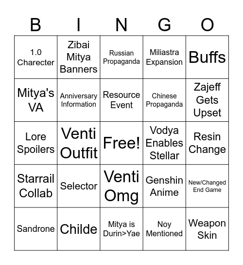 Genshin Livestream Bingo Card