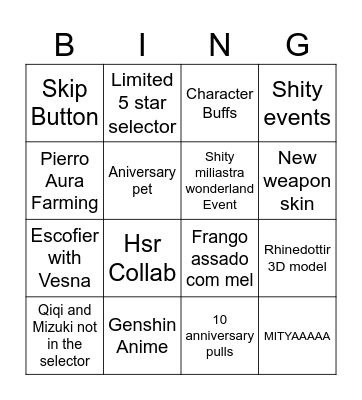 Genshin live 7.1 Bingo Card