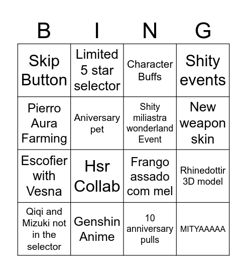 Genshin live 7.1 Bingo Card